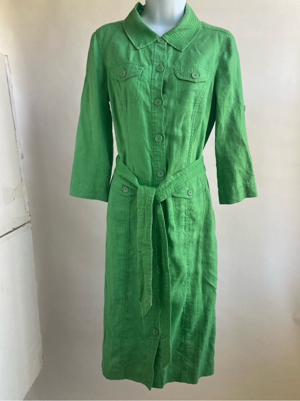 Boden Bright Green Long-Sleeve Button Dress with Tie Waist